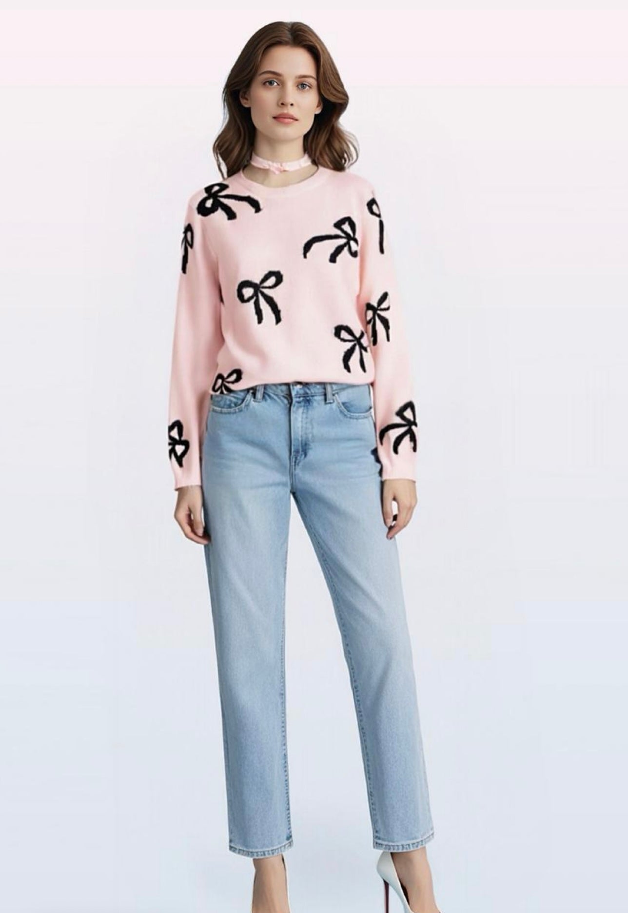 Bow Print Long Sleeves Loose Fit Sweater