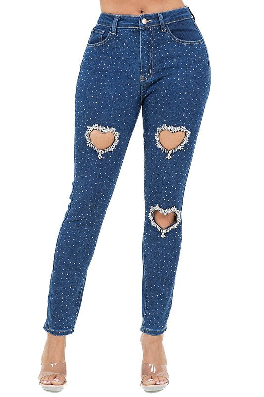 Heart cutout Rhinestone Skinny Jeans