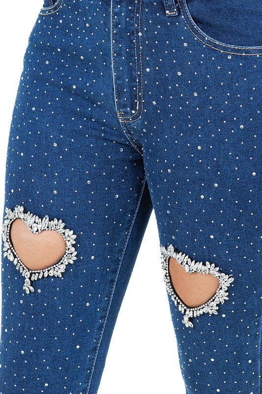 Heart cutout Rhinestone Skinny Jeans