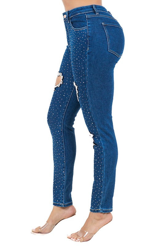 Heart cutout Rhinestone Skinny Jeans