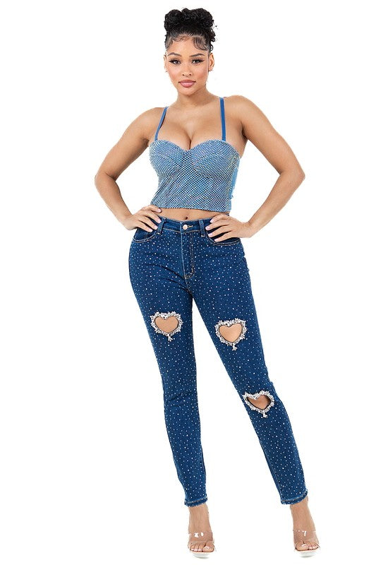 Heart cutout Rhinestone Skinny Jeans