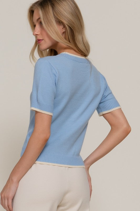 SHORT SLV FLOCKED BEAR KNIT TOP