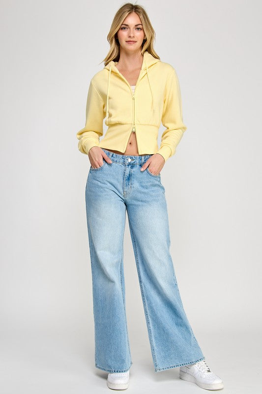 FLEECE RELAX FIT CROPPED TWO WAY ZIP UP HOODIE