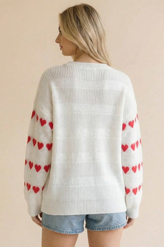 LONG SLEEVE HEART STRIPE PULLOVER SWEATER TOP