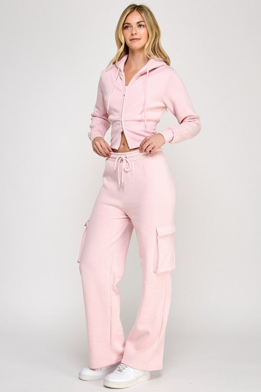 FLEECE RELAX FIT CROPPED TWO WAY ZIP UP HOODIE