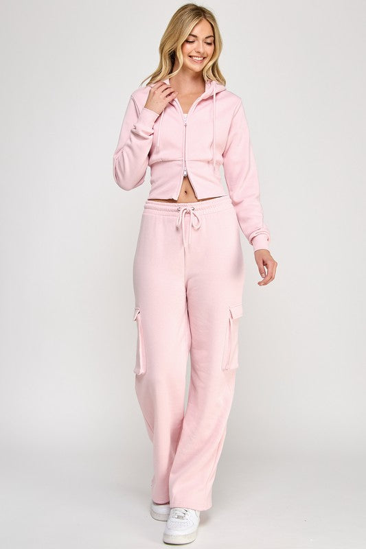 FLEECE RELAX FIT CROPPED TWO WAY ZIP UP HOODIE