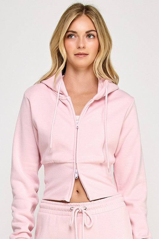 FLEECE RELAX FIT CROPPED TWO WAY ZIP UP HOODIE