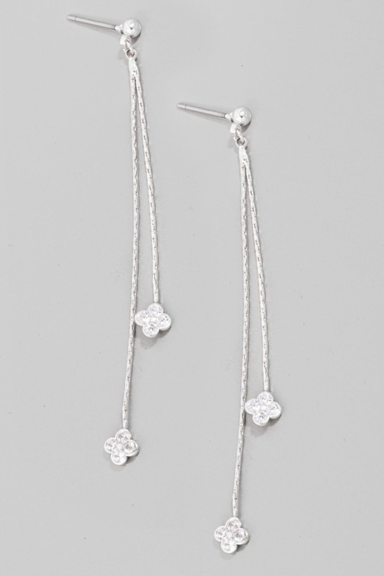 Double Cz Pave Clover Chain Dangle Earrings