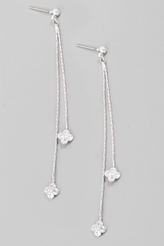 Double Cz Pave Clover Chain Dangle Earrings