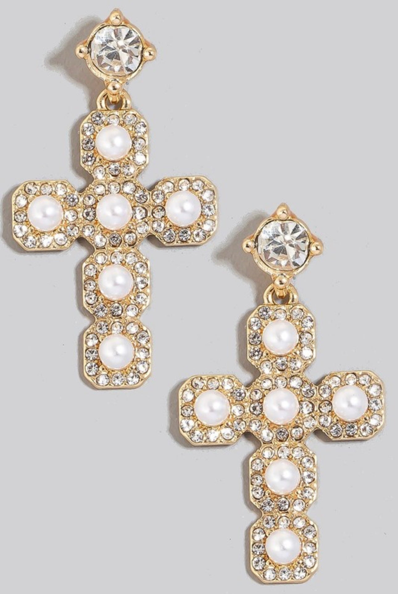 Rhinestone Set Pearl Stud Cross Dangle Earrings