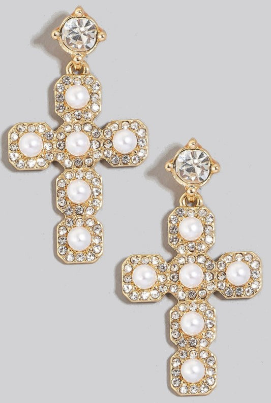 Rhinestone Set Pearl Stud Cross Dangle Earrings