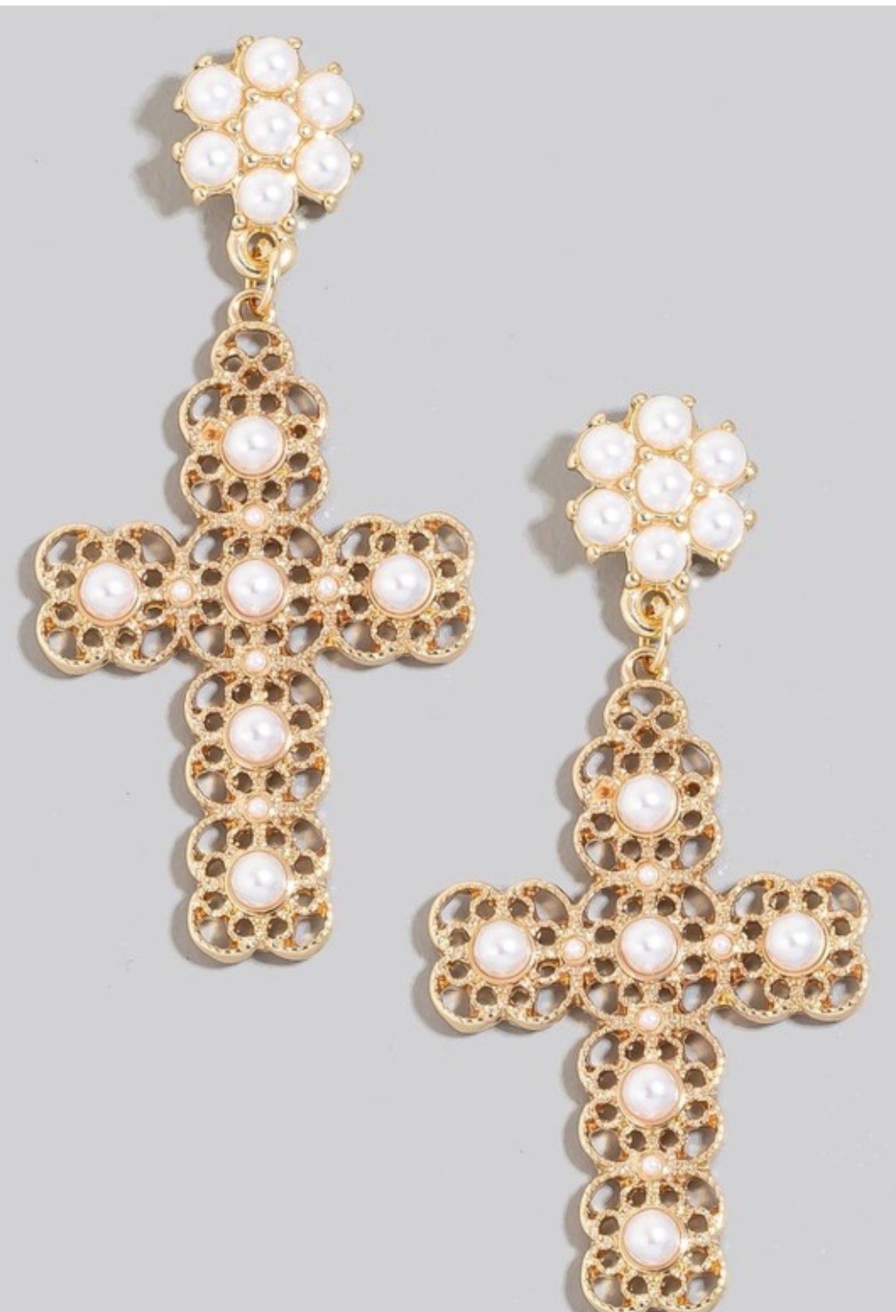 Pearl Stud Ornate Cross Dangle Earrings