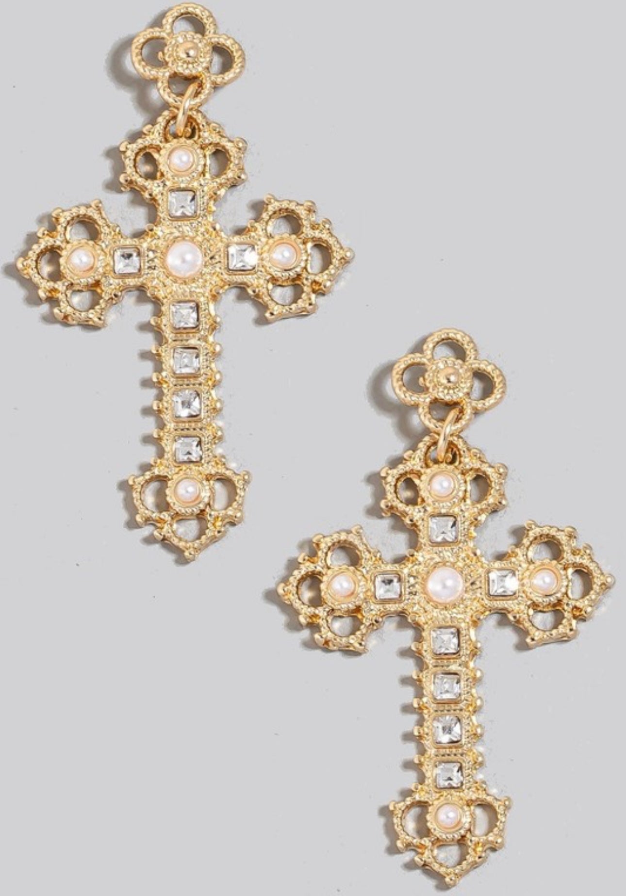 Intricate Pearl And Rhinestone Cross Dangle Earrings