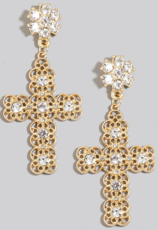 Pearls Stud Ornate Cross Dangle Earrings