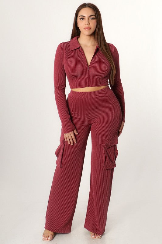 Ribbed Cropped Top and Cargo Pant Set