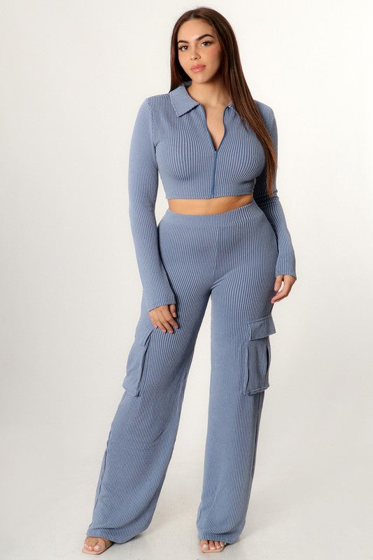 RIBBED CROPPED TOP AND CARGO PANTS SET