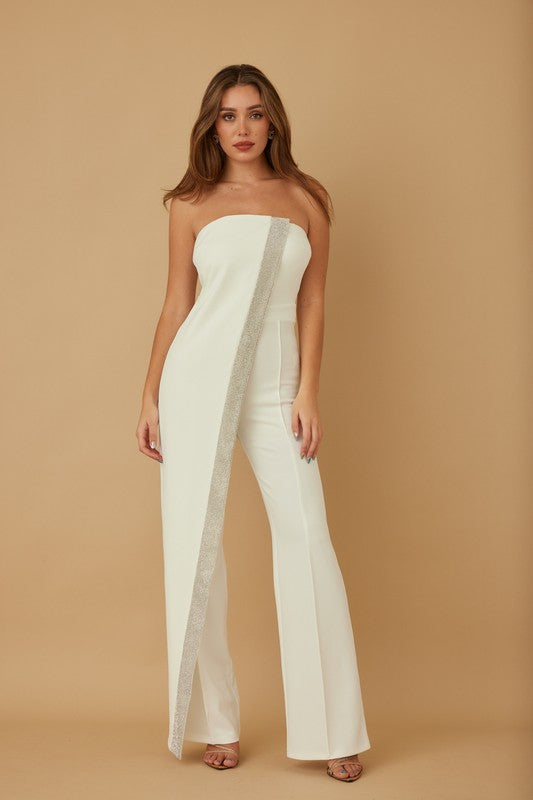 Slanted Rhinestones Belted Band Jumpsuit
