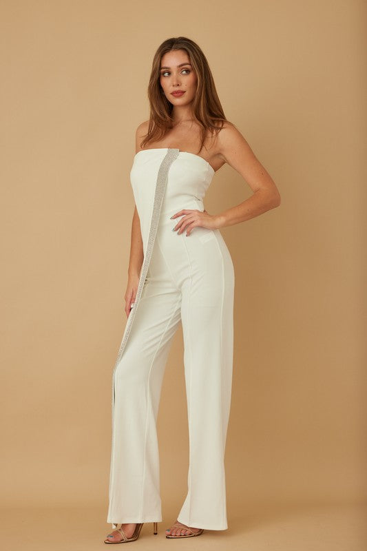 Slanted Rhinestones Belted Band Jumpsuit