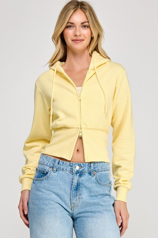 FLEECE RELAX FIT CROPPED TWO WAY ZIP UP HOODIE