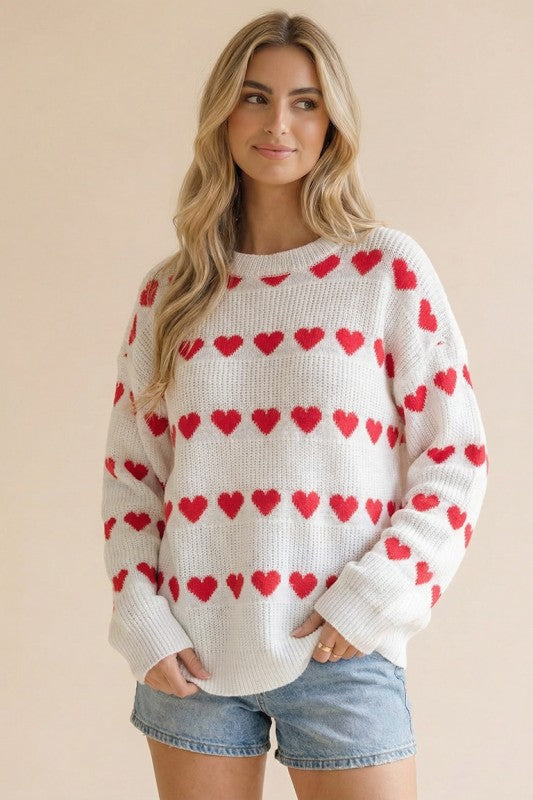 LONG SLEEVE HEART STRIPE PULLOVER SWEATER TOP
