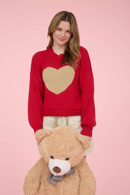 Heart Jacquard Crew Neck Knit Pullover Sweater