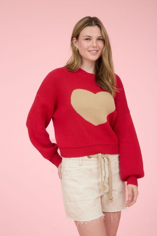 Heart Jacquard Crew Neck Knit Pullover Sweater