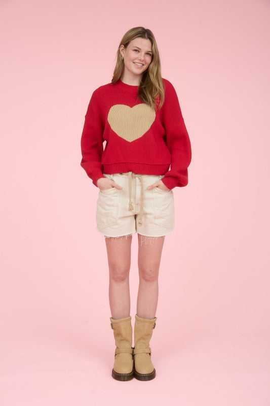 Heart Jacquard Crew Neck Knit Pullover Sweater